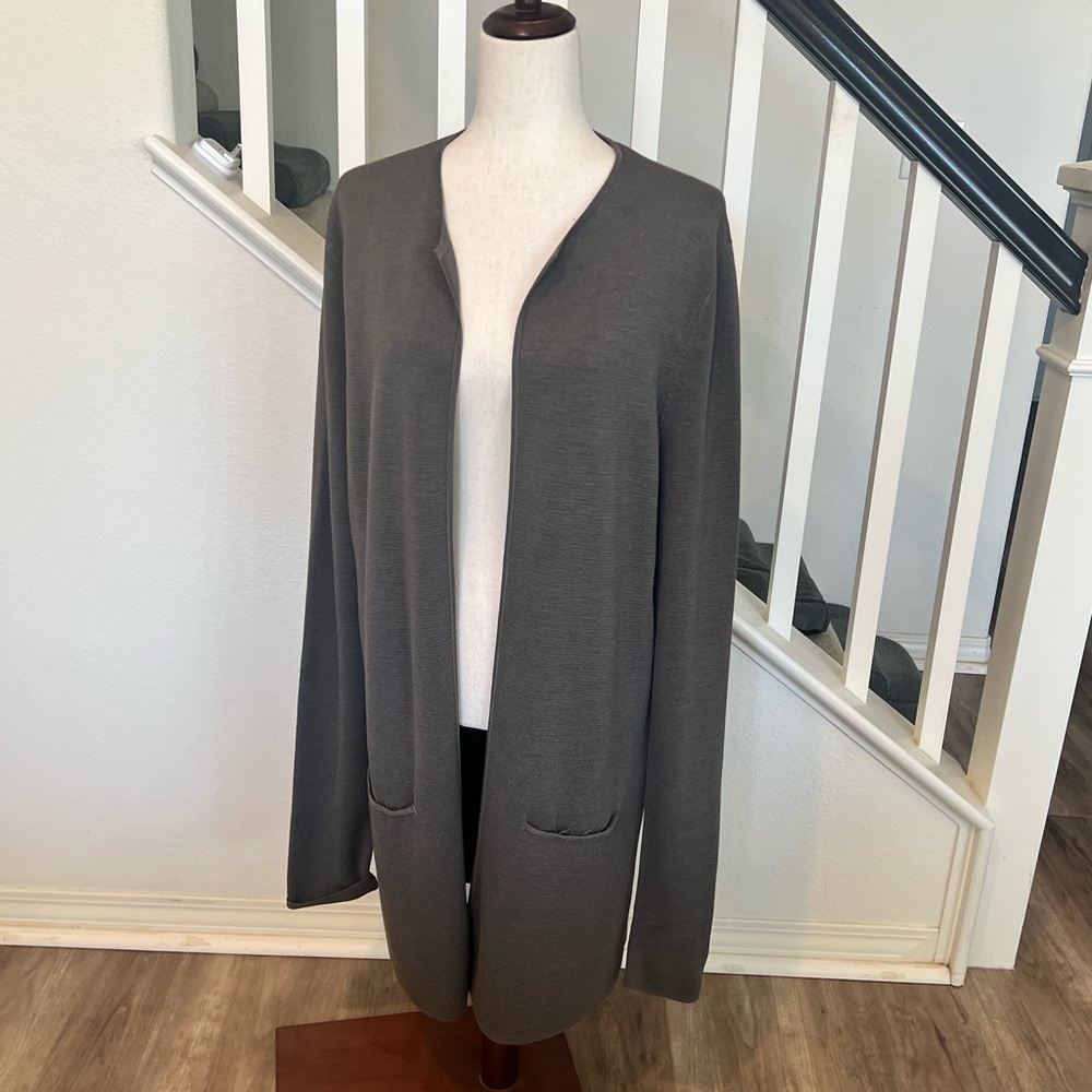 Eileen Fisher Charcoal Open Front long silk duster Cardigan great condition